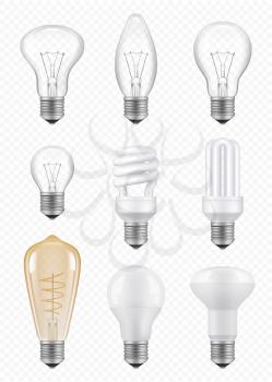 Light bulbs. Transparent halogen economical innovation bulbs vector realistic pictures. Light bulb, halogen lamp power illustration