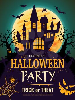 Halloween poster. Scary party invitation flyer template with horror symbols pumpkin bones skull vector halloween background. Night party on cemetery, invitation to scary Halloween illustration