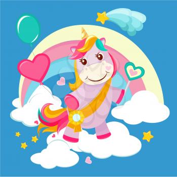 Unicorn background. Fairy tale cute little horse standing on fantasy rainbow magical birthday vector picture for girls. Illustration of unicorn cartoon magic, pony with star and rainbow