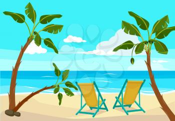 Beach palm tree. Summer background seaside tropical landscape vector illustrations. Seaside beach tropical summer, sea holiday exotic