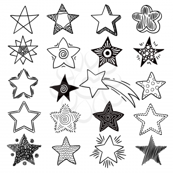 Stars doodle. Celebration happy lighting symbols cosmos shapes space sketches hand drawn vector collection. Star sketch, asterisk doodle illustration