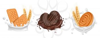 Cookies. Milk chocolate splashes with biscuits. Vector realistic cooked sweets isolated on white background. Illustration milk and biscuit, chocolate dessert