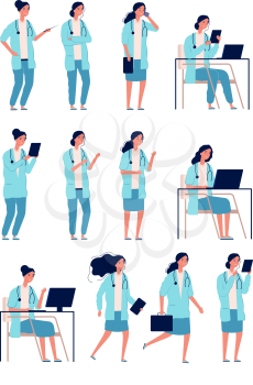 Female doctor. Woman medical worker health manager good specialist healthcare hospital person vector characters. Illustration hospital woman staff in uniform, specialist team medical