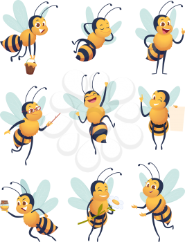 Honey bee. Cartoon characters flying nature insect in different poses delivery bee vector mascot. Flying bee insect, mascot pose beekeeping illustration