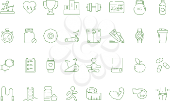 Sport icons. Fitness industry symbols healthy education gym items balls exercises tools vector collection. Illustration healthy sport exercise, training and workout