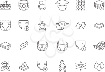 Softly diaper. Baby pee absorbent soft white diapers maternity newborn items vector outline icons. Diaper soft, disposable and breathable nappy for newborn illustration