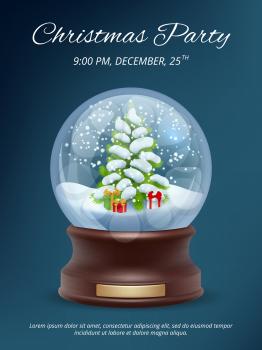 Christmas poster. Transparent crystallizing magic snowglobe christmas party invitation vector placard template. Ball xmas tree, snowglobe, bubble dome christmas illustration