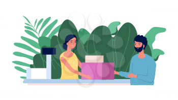 Customer and cashier. Shopping concept. Flat man makes purchases at checkout. Smiling cashier girl, store vector illustration. Woman cashier in store, customer with purchase