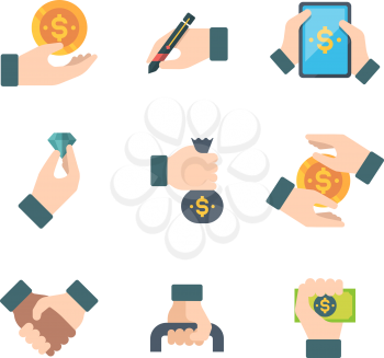 Business hands. Holdings financial elements money financiers documents contracts briefcases managers vector hands flat icons. Illustration business hand with cash and icon, payment money