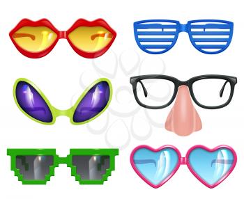 Party glasses. Masquerade realistic funny mask colored party fashion colored symbols vector set. Funny glasses and sunglasses to celebration illustration