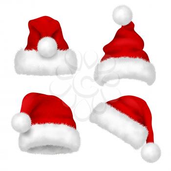 Santa hat. Red velvet christmas santa traditional hat with fur vector collection isolated. Illustration santa cap christmas, velvet and fur clothing