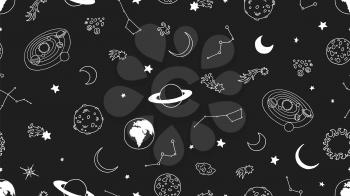 Space seamless pattern. Stars moon planets vector illustration. Galaxy seamless texture, doodle universe background. Galaxy space, astronomy doodle universe