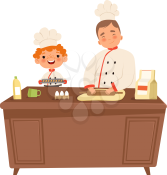 Boy chef. Cute kid and man cooking at kitchen. Child in uniform making food vector illustration. Cooking boy and man, happy helping on kitchen