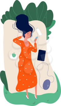 Girl on nature. Meditation, time for yourself. Happy single woman with smartphone and water. Female relaxing vector illustration. Woman relaxing on park lying on grass