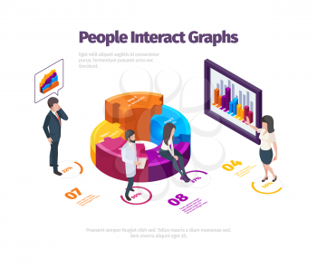 People interact graphs. Futuristic glowing panels business web analytics technology solutions data symbols vector. Illustration digital infographic, display workplace