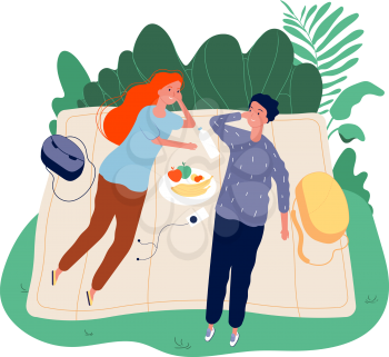 Teenagers on picnic. Two students on nature, smiling and talking. Free time, couple on weekend vector illustration. Teenager in park joy, friendship male and female