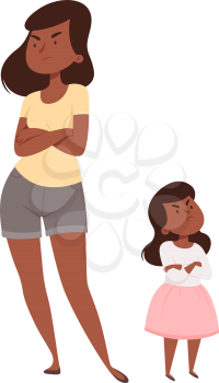 Angry people. Mother and daughter in quarrel. Afroamerican sad adult female and baby girl. Isolated family vector illustration. Daughter and mother conflict, woman and girl