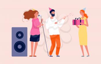 Birthday party. Man woman congratulating their friend. Happy festive with music, confetti and gifts. Cartoon celebration people vector illustration. Celebrating birthday, celebrate and congratulation