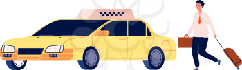 Businessman get in taxi. Man catches auto. Young guy with suitcase and bag stop yellow car vector illustration. Person and taxi car, transportation businessman