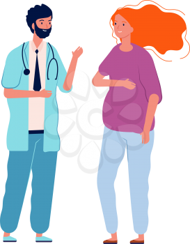 Doctor consulting young woman. Pregnant female talk with man nurse. Isolated flat hospital staff and patient vector character. Doctor and woman, hospital medical specialist illustration