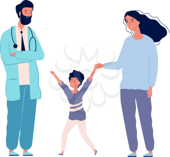 Family doctor. Pediatrician hospital happy boy mother. Medical center visiting, patient health prevention vector illustration. Medical physician and patient in hospital, character visit to checkup