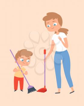 Sweep the floor. Mother and son with broom. Family time, cleaning home vector illustration. Cleaning and housekeeping together