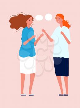 Women talking. Girlfriends meeting, cute flat girls characters. Happy female standing and smiling vector illustration. Woman message and dialog, people meeting