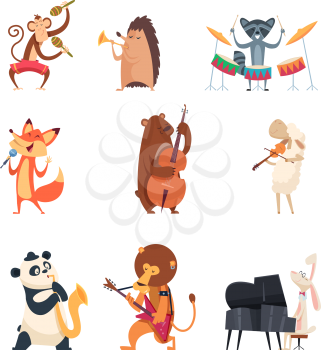 Animals with music instruments. Zoo musicians entertainment cute vocal song music band vector cartoon characters. Panda and hedgehog with instrument, lion musical playing illustration