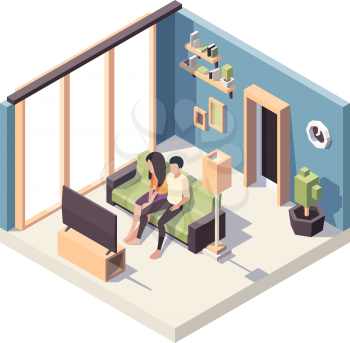 Family couple watching tv. Relax people sitting in sofa living room interior vector characters isometric. Illustration tv couple, man and woman together watch television