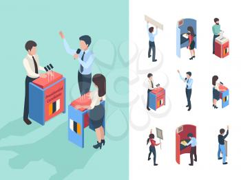 Political voting. People choice president or parliament reporters and speakers vote campaign vector isometric persons. Illustration candidate discussion, conversation presidential election