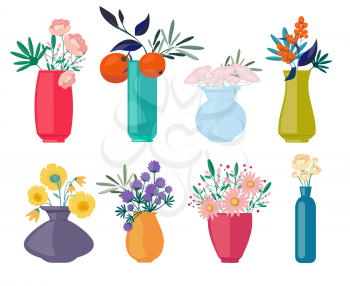 Bouquets vases. Spring or summer flowers branches beautiful buds nature romantic symbols for women vector cartoon. Spring floral bouquet, plant flower botanical illustration