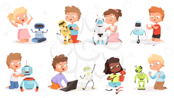 Kids robot programming. Future technology educational process children modelling or repair robotic toys vector science concept characters. Kid programming cyborg, robotic technology illustration
