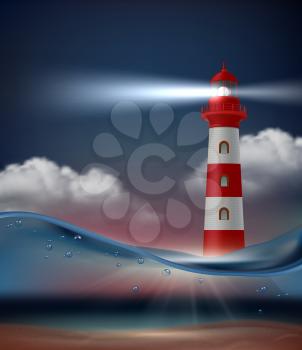 Lighthouse in ocean. Night marine landscape with lighthouse for ship navigation vector realistic background. Lighthouse sea travel, scene landscape illustration