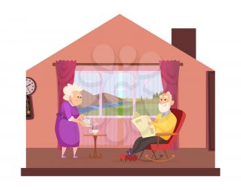 Cozy domestic lifestyle. Elderly couple drink tea, cute seniors stay home concept. Cartoon grandparents safe in isolation period vector illustration. People woman abd man elderly, family couple