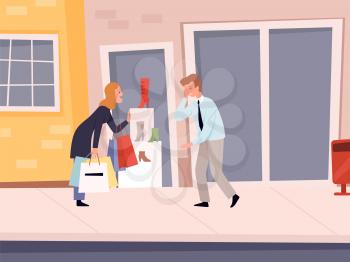 Shopping addiction. Woman want new shoes, mad tired. Stores street, sales or travellers customers. Seasonal discount, happy girl vector illustration. Woman shopaholic addiction, shoes store discount