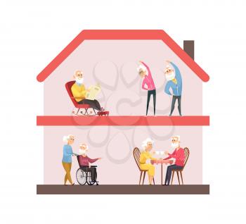 Stay home concept. Nursing house, elderly lifestyle. Senior people doing sport, drink tea reading. Retired life vector illustration. Protection elderly from coronavirus, quarantine health prevention