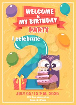 Birthday invitation. Kids poster with owls funny characters vector placard template. Poster congratulation and announcement birthday, greeting invitation illustration