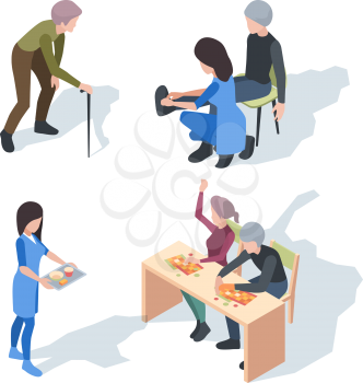 Nursing home care. Elderly lifestyle activity helper senior medical nursing clinic vector people. Elderly nursing, pensioner retired illustration