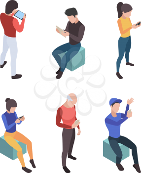 Telephone talking. People with gadgets social media dialog user with smartphones and online mobile devices vector isometric. Woman and man chatting online, conversation or message illustration
