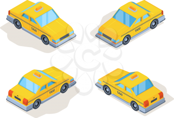 Taxi cars. Yellow service vehicles passenger machines isometric various point view vector. Car taxi service, cab yellow to travel transportation city illustration