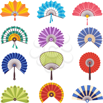 Colored hand fan. Asian beautiful paper traditional craft fashionable symbols vector collection. Traditional accessory hand souvenir, fan asian color decoration illustration