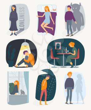 Loneliness people. Depressed rain feeling of fearfully stressed characters vector people collection. Illustration loneliness and stress, sad person, depressed unhappy emotion