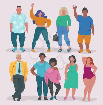  Male and female characters attractive overweight people group body positive vector concept illustrations. Overweight attractive character, body positive obesity
