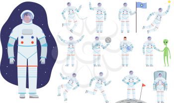 Cosmonaut costume. Professional clothes of astronaut vector flat characters in action poses. Astronaut or cosmonaut in suit, costume spaceman professional illustration