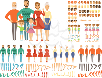 Big family. Mascot creation set characters father mother grandparents daughter son body parts and poses for 2d animation. Vector family mother and father, happy face and gesture kit illustration