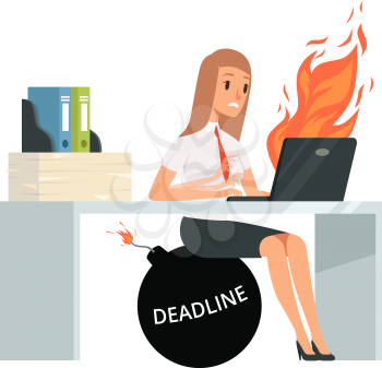Deadline time. Office manager typing on computer. Bad management, girl does not have time to pass job vector illustration. Business manager hurry working to deadline