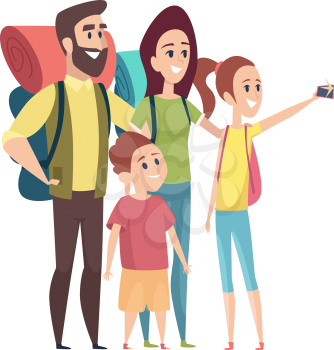 Family making photo. Selfie tourists, vacation or travel. Isolated mom dad girl boy with things for camping vector illustration. Family travel vacation, photo selfie outdoor portrait