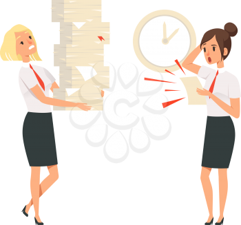 Office managers. Unfulfilled tasks, deadline time. Isolated girls in suits scared and tired vector illustration. Office work, business stress with pile task