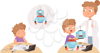 Boy need help. Little guy sad, child studying robotics. Teacher and student vector illustration. Education children engineering, robot programming innovation