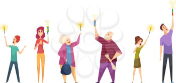 Happy people with sparklers. Woman man seniors with fireworks, isolated adults and pyrotechnic. Christmas or New year character vector illustration. Party holiday celebrate, together woman and man
